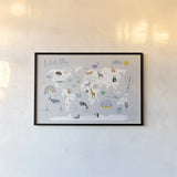Explore the World Map Gray by Kasia Kucwaj-Tybur. shown as a paper print in a black flame. Available as a archival giclee rolled canvas, fine art paper, or poster print. SKU 82564i.
