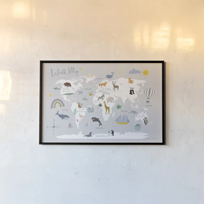 Explore the World Map Gray by Kasia Kucwaj-Tybur. shown as a paper print in a black flame. Available as a archival giclee rolled canvas, fine art paper, or poster print. SKU 82564i.