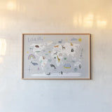 Explore the World Map Gray by Kasia Kucwaj-Tybur. shown as a paper print in a natural frame. Available as a archival giclee rolled canvas, fine art paper, or poster print. SKU 82564i.