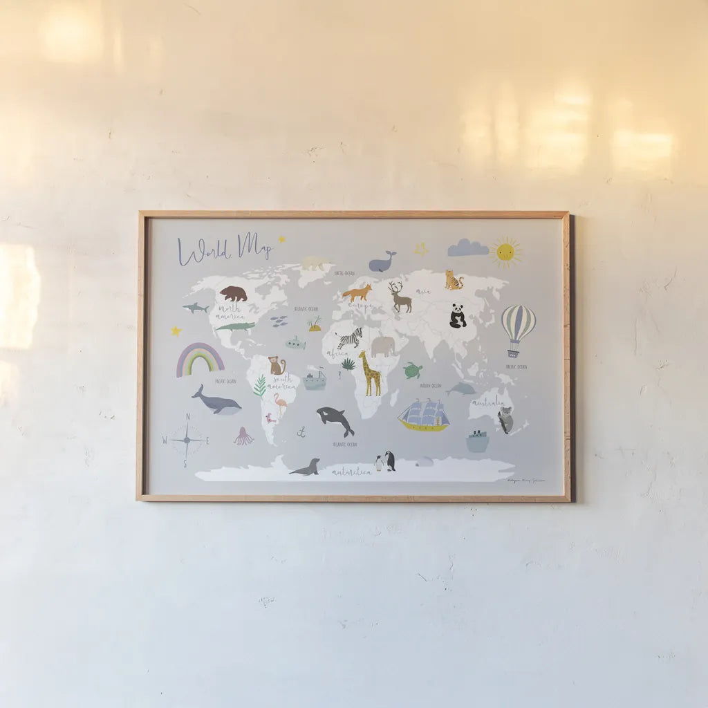 Explore the World Map Gray by Kasia Kucwaj-Tybur. shown as a paper print in a natural frame. Available as a archival giclee rolled canvas, fine art paper, or poster print. SKU 82564i.