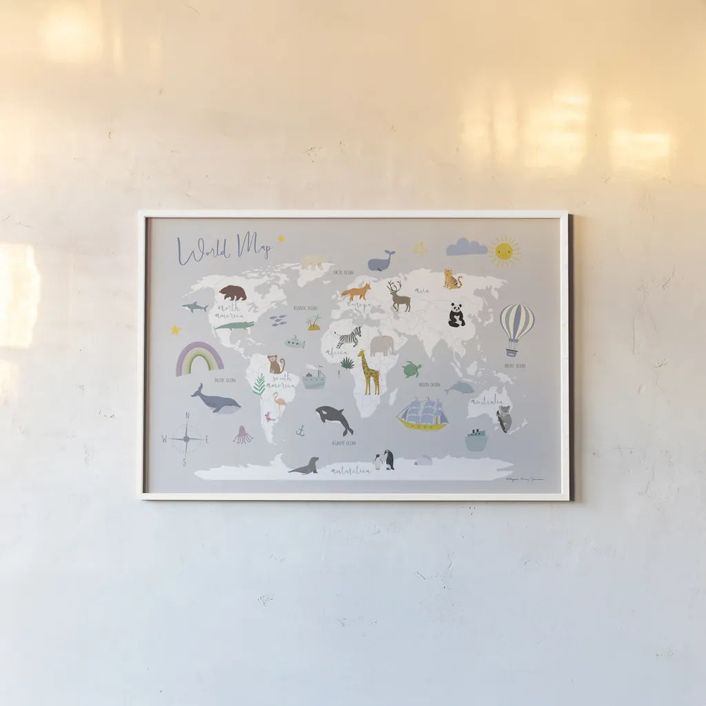 Explore the World Map Gray by Kasia Kucwaj-Tybur. shown as a paper print in a white frame. Available as a archival giclee rolled canvas, fine art paper, or poster print. SKU 82564i.