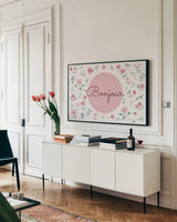 French Garden I by Kasia Kucwaj-Tybur. shown as a framed stretched canvas in a living room above a console. Available as a archival giclee rolled canvas, fine art paper, or poster print. SKU 83406i.