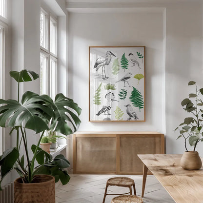 Nature Chart I by Kasia Kucwaj-Tybur. shown as a print in a natural wood frame in a dining room. Available as a archival giclee rolled canvas, fine art paper, or poster print. SKU 81329h.
