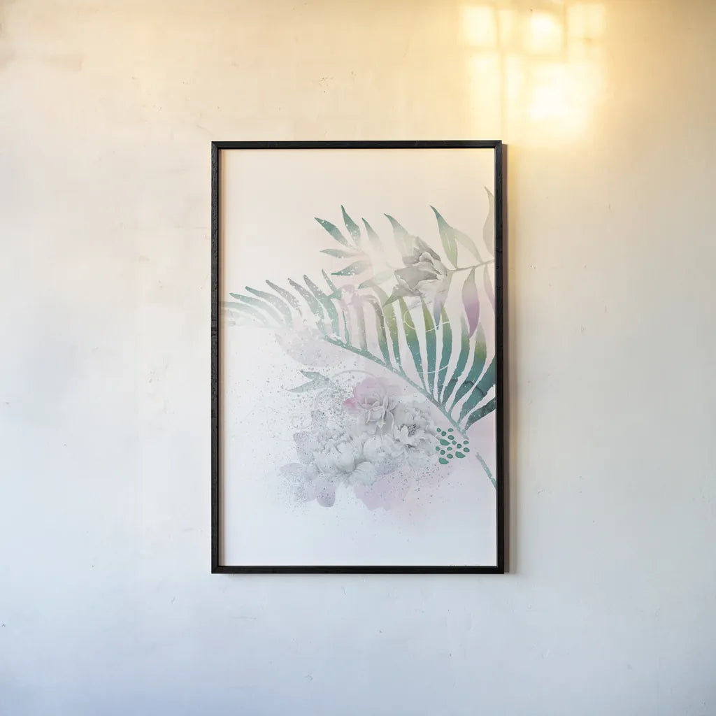 Tropical Floral I by Kasia Kucwaj-Tybur. shown as a paper print in a black flame. Available as a archival giclee rolled canvas, fine art paper, or poster print. SKU 81516h.