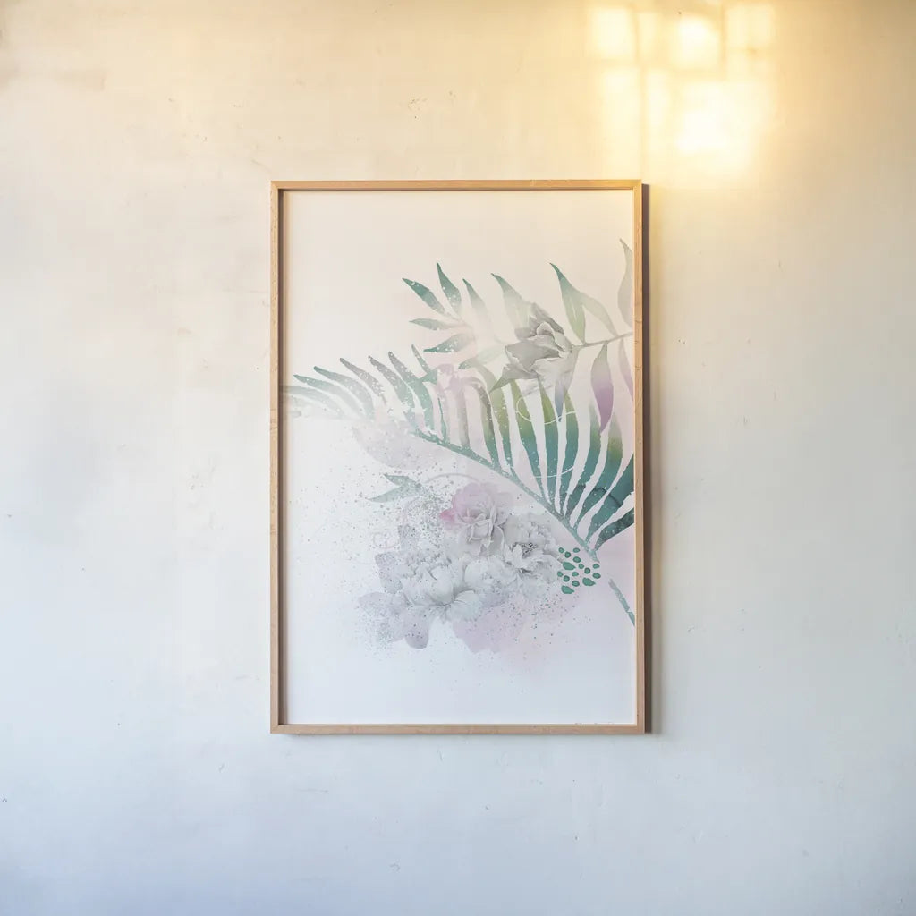 Tropical Floral I by Kasia Kucwaj-Tybur. shown as a paper print in a natural frame. Available as a archival giclee rolled canvas, fine art paper, or poster print. SKU 81516h.