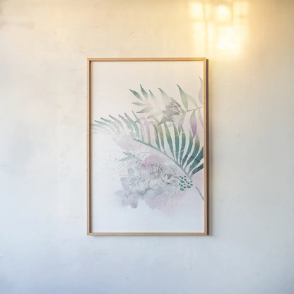 Tropical Floral I by Kasia Kucwaj-Tybur. shown as a paper print in a natural frame. Available as a archival giclee rolled canvas, fine art paper, or poster print. SKU 81516h.