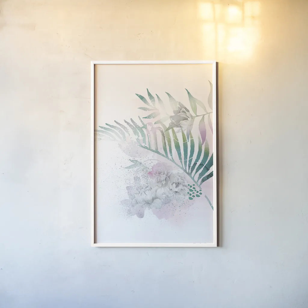 Tropical Floral I by Kasia Kucwaj-Tybur. shown as a paper print in a white frame. Available as a archival giclee rolled canvas, fine art paper, or poster print. SKU 81516h.