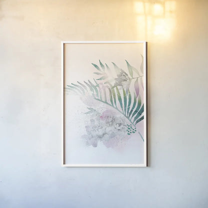 Tropical Floral I by Kasia Kucwaj-Tybur. shown as a paper print in a white frame. Available as a archival giclee rolled canvas, fine art paper, or poster print. SKU 81516h.