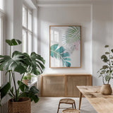 Tropical Floral II by Kasia Kucwaj-Tybur. shown as a print in a natural wood frame in a dining room. Available as a archival giclee rolled canvas, fine art paper, or poster print. SKU 81517h.