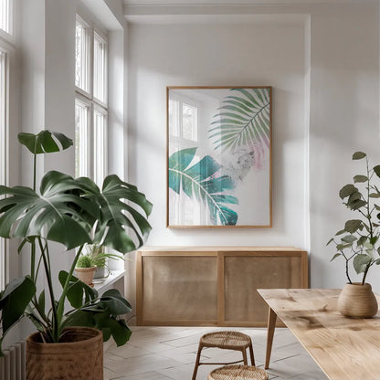 Tropical Floral II by Kasia Kucwaj-Tybur. shown as a print in a natural wood frame in a dining room. Available as a archival giclee rolled canvas, fine art paper, or poster print. SKU 81517h.