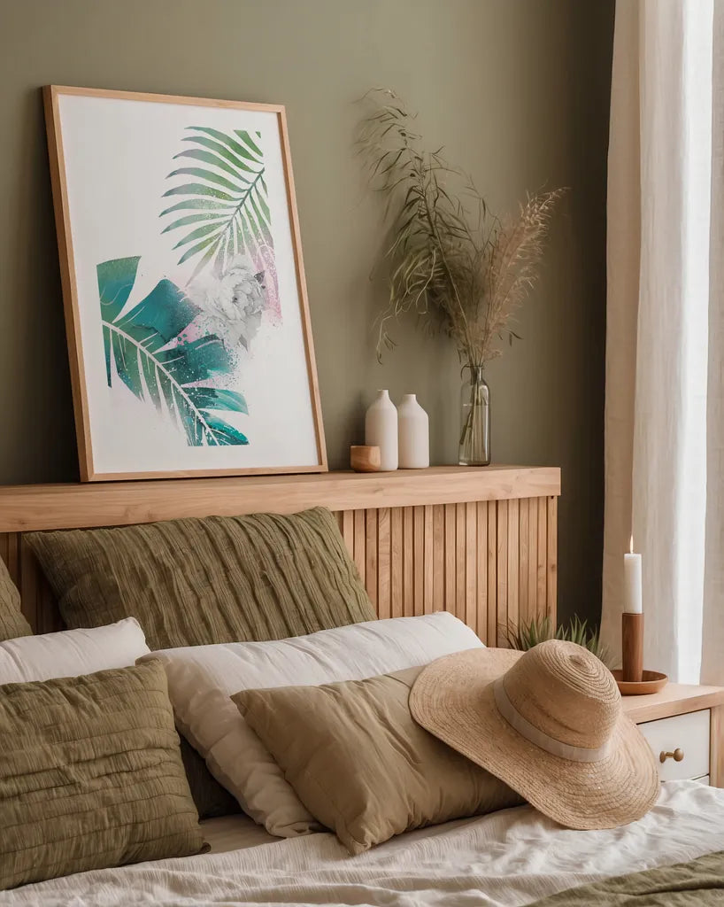 Tropical Floral II by Kasia Kucwaj-Tybur. shown as a paper print in a natural frame. Available as a archival giclee rolled canvas, fine art paper, or poster print. SKU 81517h.