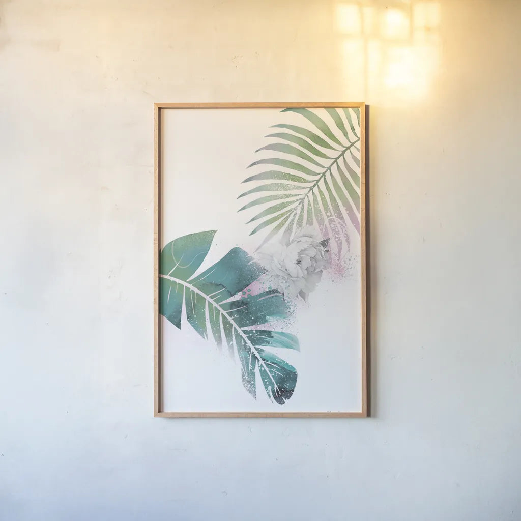 Tropical Floral II by Kasia Kucwaj-Tybur. shown as a paper print in a natural frame. Available as a archival giclee rolled canvas, fine art paper, or poster print. SKU 81517h.