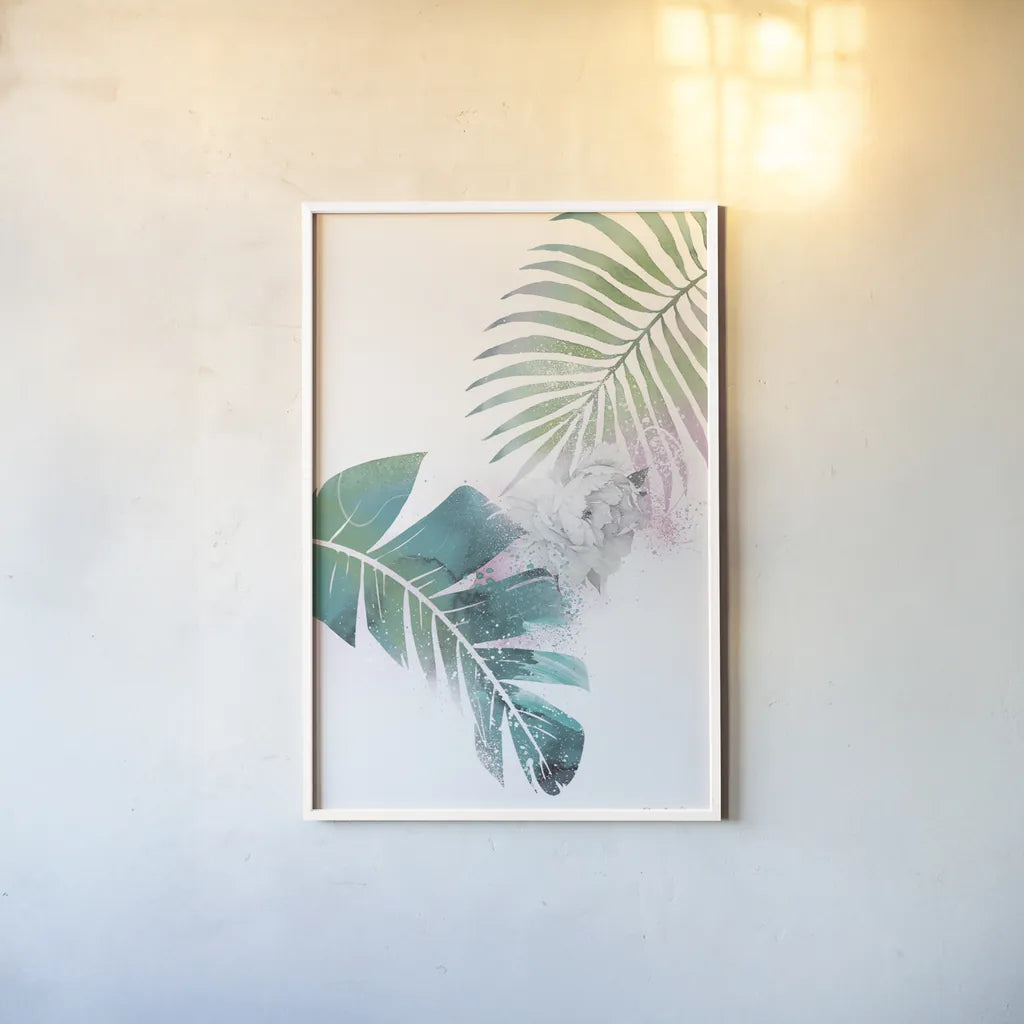 Tropical Floral II by Kasia Kucwaj-Tybur. shown as a paper print in a white frame. Available as a archival giclee rolled canvas, fine art paper, or poster print. SKU 81517h.