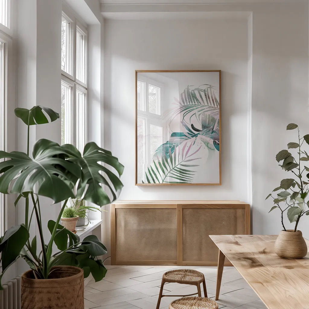 Tropical Floral III by Kasia Kucwaj-Tybur. shown as a print in a natural wood frame in a dining room. Available as a archival giclee rolled canvas, fine art paper, or poster print. SKU 81518h.