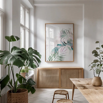 Tropical Floral III by Kasia Kucwaj-Tybur. shown as a print in a natural wood frame in a dining room. Available as a archival giclee rolled canvas, fine art paper, or poster print. SKU 81518h.
