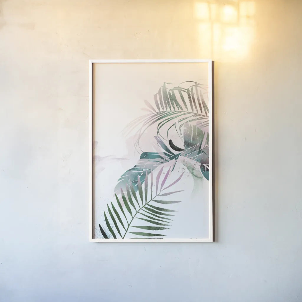 Tropical Floral III by Kasia Kucwaj-Tybur. shown as a paper print in a white frame. Available as a archival giclee rolled canvas, fine art paper, or poster print. SKU 81518h.