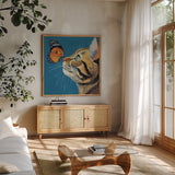 A Close Introduction by Kate Jarvik Birch. Shown in a natural wood frame in a cozy modern living room. Available as an archival giclee rolled canvas, fine art paper, or poster print. SKU 99738a.