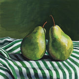 A Pair of Pears On Tablecloth by Kate Jarvik Birch. SKU 101973a. Archival Giclee Fine art print for wall decor.