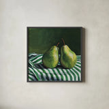 A Pair of Pears On Tablecloth by Kate Jarvik Birch. Shown in a sleek black glass frame for a contemporary gallery look. Available as an archival giclee rolled canvas, fine art paper, or poster print. SKU 101973a.