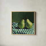 A Pair of Pears On Tablecloth by Kate Jarvik Birch. Shown in a natural wood glass frame for a timeless modern aesthetic. Available as an archival giclee rolled canvas, fine art paper, or poster print. SKU 101973a.