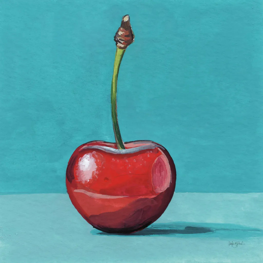 A Single Shiny Cherry by Kate Jarvik Birch. SKU 101978a. Archival Giclee Fine art print for wall decor.