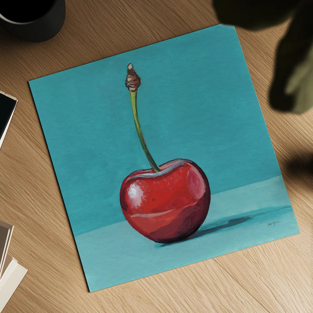 A Single Shiny Cherry by Kate Jarvik Birch. Shown as a detailed flat fine art print, highlighting archival giclee quality. Available as an archival giclee rolled canvas, fine art paper, or poster print. SKU 101978a.
