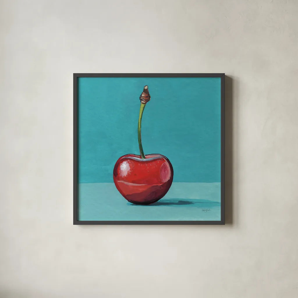 A Single Shiny Cherry by Kate Jarvik Birch. Shown in a sleek black glass frame for a contemporary gallery look. Available as an archival giclee rolled canvas, fine art paper, or poster print. SKU 101978a.