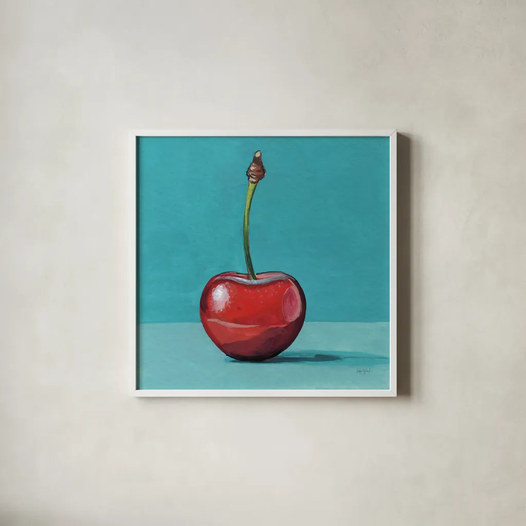 A Single Shiny Cherry by Kate Jarvik Birch. Shown in a crisp white glass frame for a clean and minimalist style. Available as an archival giclee rolled canvas, fine art paper, or poster print. SKU 101978a.