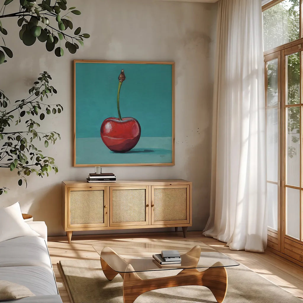 A Single Shiny Cherry by Kate Jarvik Birch. Shown in a natural wood frame in a cozy modern living room. Available as an archival giclee rolled canvas, fine art paper, or poster print. SKU 101978a.