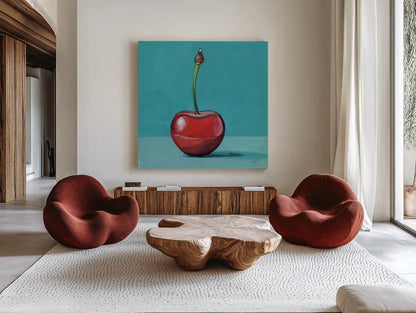 A Single Shiny Cherry by Kate Jarvik Birch. Shown as extra-large giant wall art in a modern living room. Available as an archival giclee rolled canvas, fine art paper, or poster print. SKU 101978a.