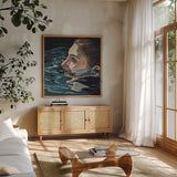 A Still Moment by Kate Jarvik Birch. Shown in a natural wood frame in a cozy modern living room. Available as an archival giclee rolled canvas, fine art paper, or poster print. SKU 101971a.