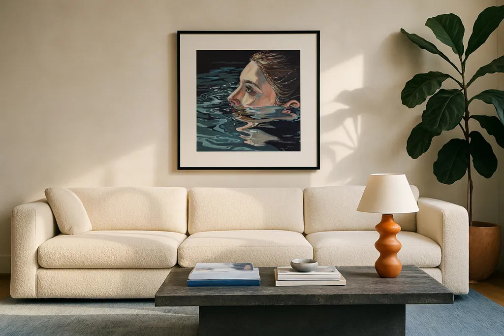 A Still Moment by Kate Jarvik Birch. Displayed in a glass frame with matte in a clean modern living room. Available as an archival giclee rolled canvas, fine art paper, or poster print. SKU 101971a.