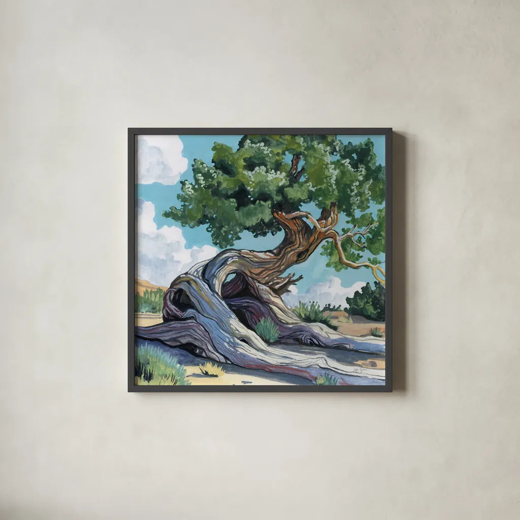 A Tree That Adapts to Change by Kate Jarvik Birch. Shown in a sleek black glass frame for a contemporary gallery look. Available as an archival giclee rolled canvas, fine art paper, or poster print. SKU 98544a.