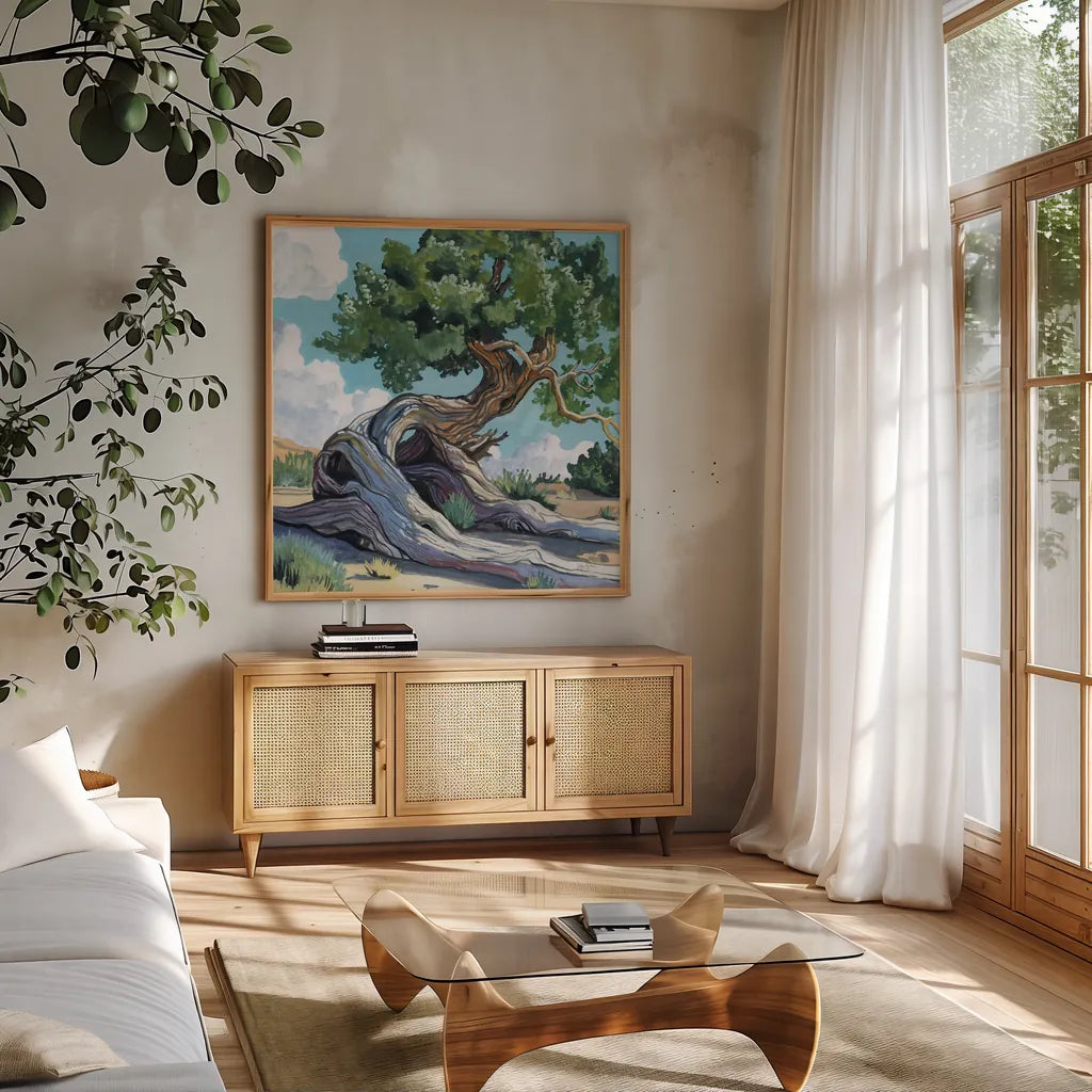 A Tree That Adapts to Change by Kate Jarvik Birch. Shown in a natural wood frame in a cozy modern living room. Available as an archival giclee rolled canvas, fine art paper, or poster print. SKU 98544a.
