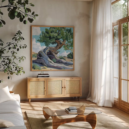 A Tree That Adapts to Change by Kate Jarvik Birch. Shown in a natural wood frame in a cozy modern living room. Available as an archival giclee rolled canvas, fine art paper, or poster print. SKU 98544a.