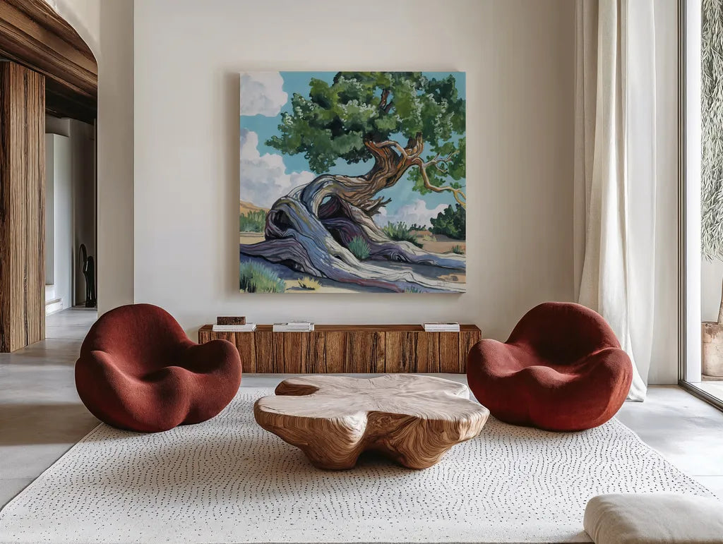 A Tree That Adapts to Change by Kate Jarvik Birch. Shown as extra-large giant wall art in a modern living room. Available as an archival giclee rolled canvas, fine art paper, or poster print. SKU 98544a.