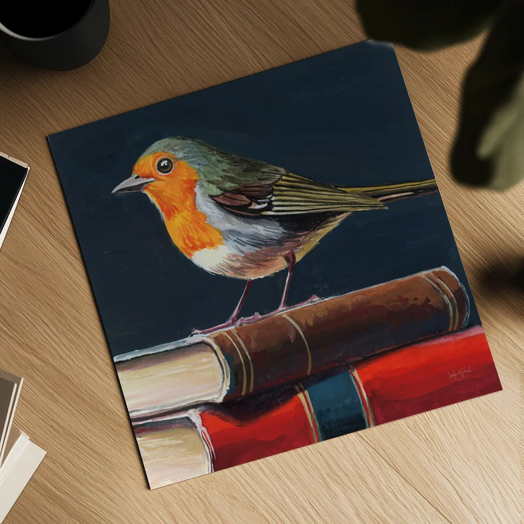 Academia Bird Study by Kate Jarvik Birch. Shown as a detailed flat fine art print, highlighting archival giclee quality. Available as an archival giclee rolled canvas, fine art paper, or poster print. SKU 99687a.