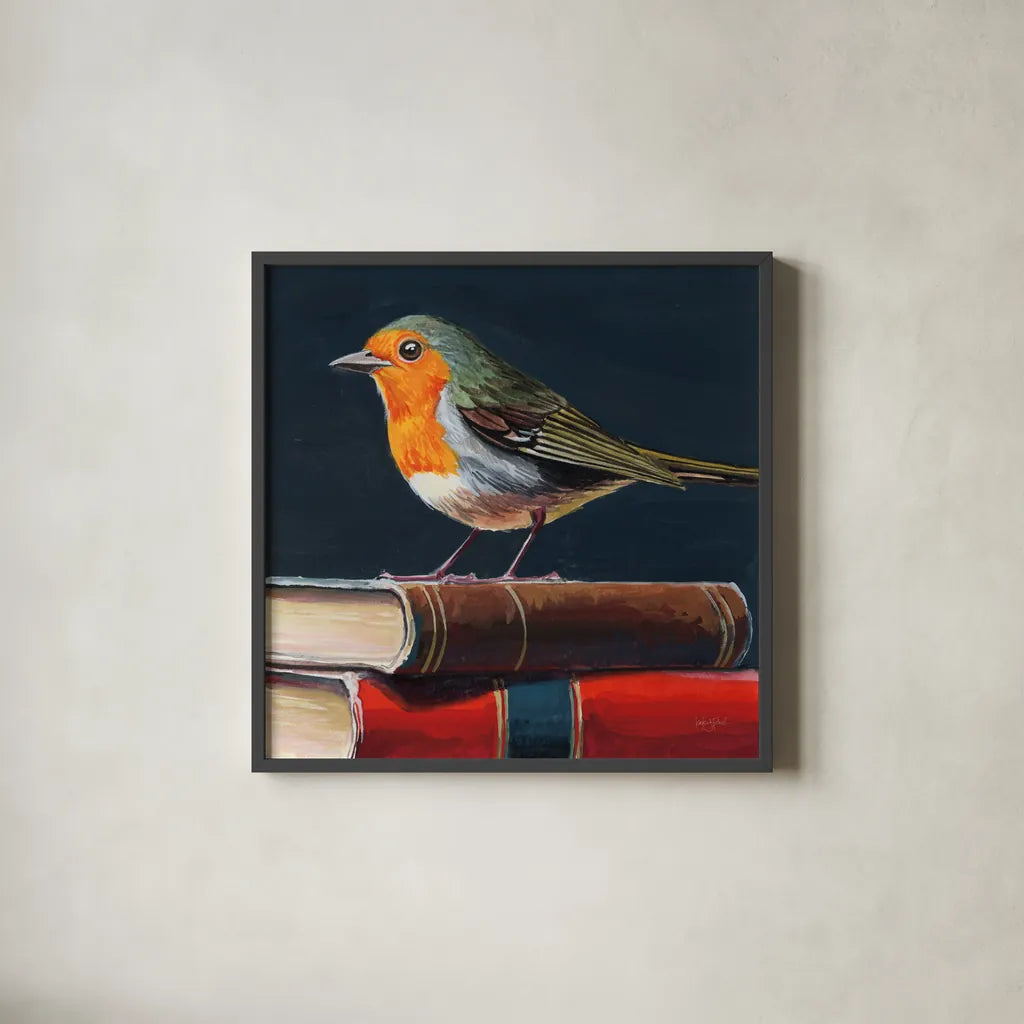 Academia Bird Study by Kate Jarvik Birch. Shown in a sleek black glass frame for a contemporary gallery look. Available as an archival giclee rolled canvas, fine art paper, or poster print. SKU 99687a.