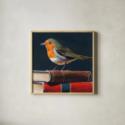 Academia Bird Study by Kate Jarvik Birch. Shown in a natural wood glass frame for a timeless modern aesthetic. Available as an archival giclee rolled canvas, fine art paper, or poster print. SKU 99687a.