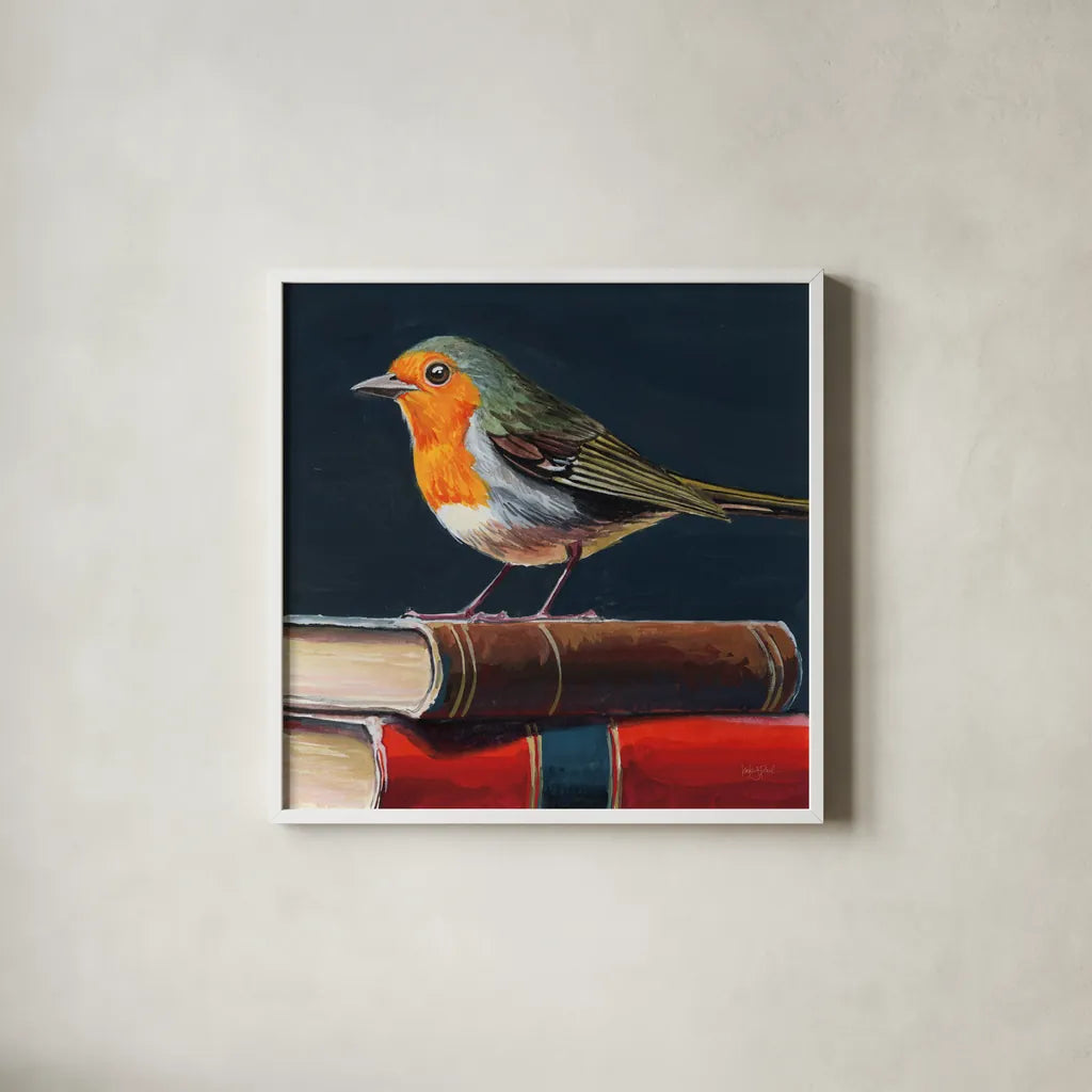 Academia Bird Study by Kate Jarvik Birch. Shown in a crisp white glass frame for a clean and minimalist style. Available as an archival giclee rolled canvas, fine art paper, or poster print. SKU 99687a.