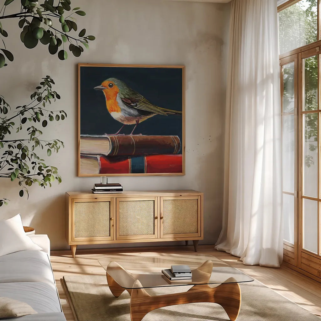 Academia Bird Study by Kate Jarvik Birch. Shown in a natural wood frame in a cozy modern living room. Available as an archival giclee rolled canvas, fine art paper, or poster print. SKU 99687a.