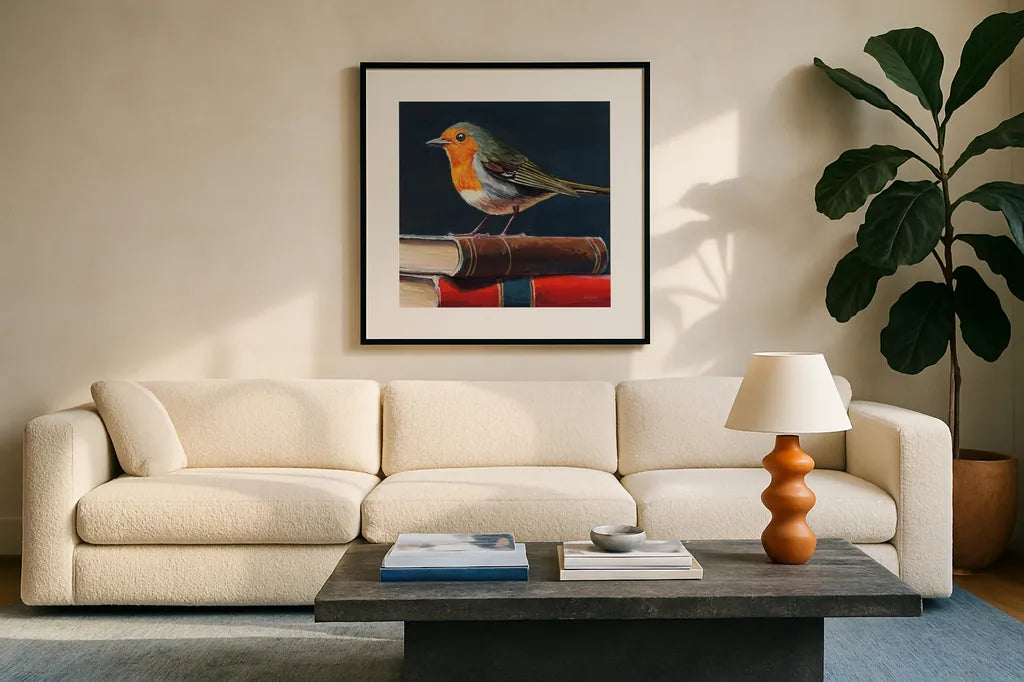 Academia Bird Study by Kate Jarvik Birch. Displayed in a glass frame with matte in a clean modern living room. Available as an archival giclee rolled canvas, fine art paper, or poster print. SKU 99687a.