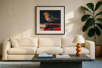 Academia Bird Study by Kate Jarvik Birch. Displayed in a glass frame with matte in a clean modern living room. Available as an archival giclee rolled canvas, fine art paper, or poster print. SKU 99687a.