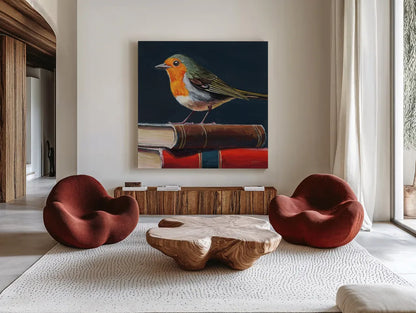 Academia Bird Study by Kate Jarvik Birch. Shown as extra-large giant wall art in a modern living room. Available as an archival giclee rolled canvas, fine art paper, or poster print. SKU 99687a.