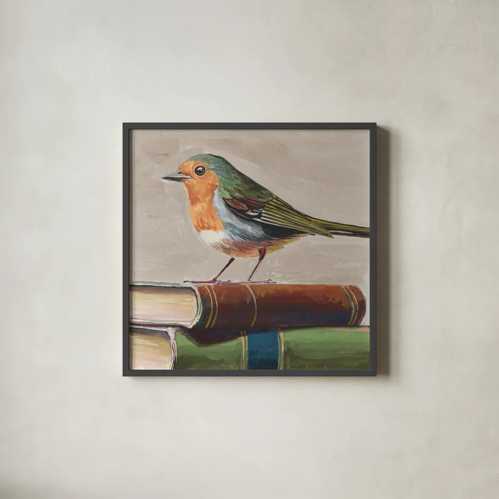 Academia Bird Study Neutral by Kate Jarvik Birch. Shown in a sleek black glass frame for a contemporary gallery look. Available as an archival giclee rolled canvas, fine art paper, or poster print. SKU 100720a.