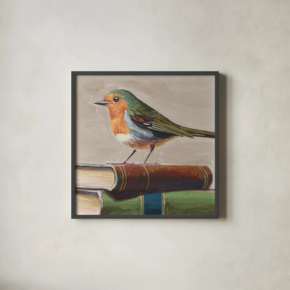 Academia Bird Study Neutral by Kate Jarvik Birch. Shown in a sleek black glass frame for a contemporary gallery look. Available as an archival giclee rolled canvas, fine art paper, or poster print. SKU 100720a.
