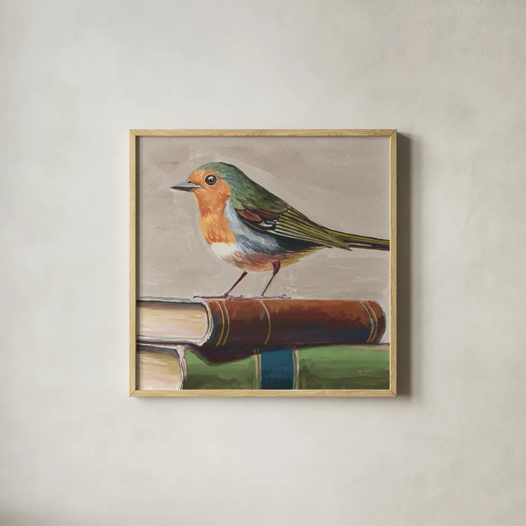 Academia Bird Study Neutral by Kate Jarvik Birch. Shown in a natural wood glass frame for a timeless modern aesthetic. Available as an archival giclee rolled canvas, fine art paper, or poster print. SKU 100720a.