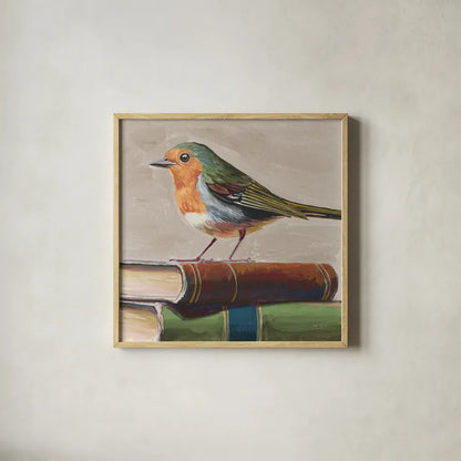 Academia Bird Study Neutral by Kate Jarvik Birch. Shown in a natural wood glass frame for a timeless modern aesthetic. Available as an archival giclee rolled canvas, fine art paper, or poster print. SKU 100720a.