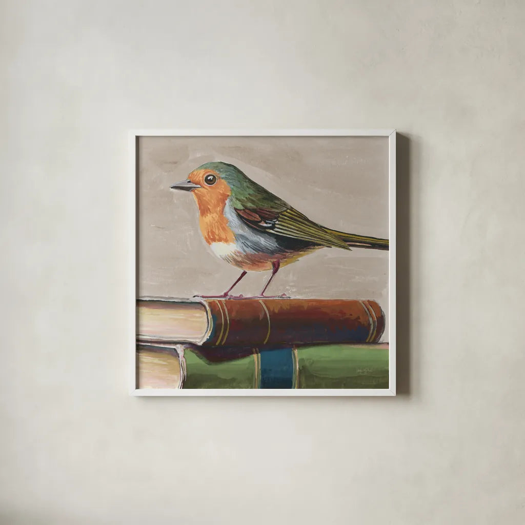Academia Bird Study Neutral by Kate Jarvik Birch. Shown in a crisp white glass frame for a clean and minimalist style. Available as an archival giclee rolled canvas, fine art paper, or poster print. SKU 100720a.