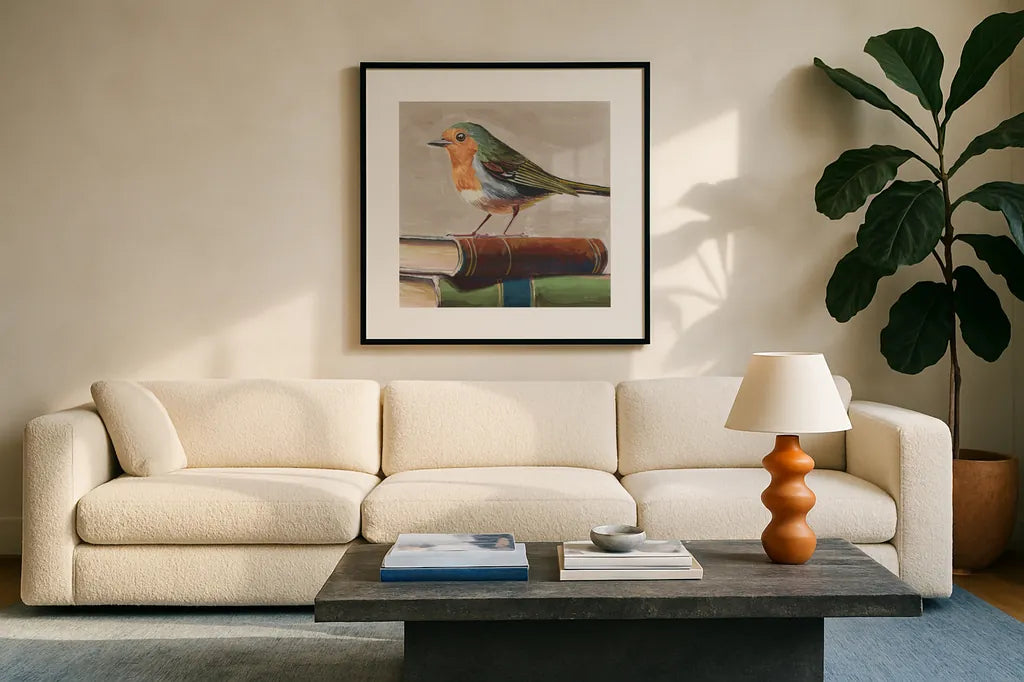 Academia Bird Study Neutral by Kate Jarvik Birch. Displayed in a glass frame with matte in a clean modern living room. Available as an archival giclee rolled canvas, fine art paper, or poster print. SKU 100720a.